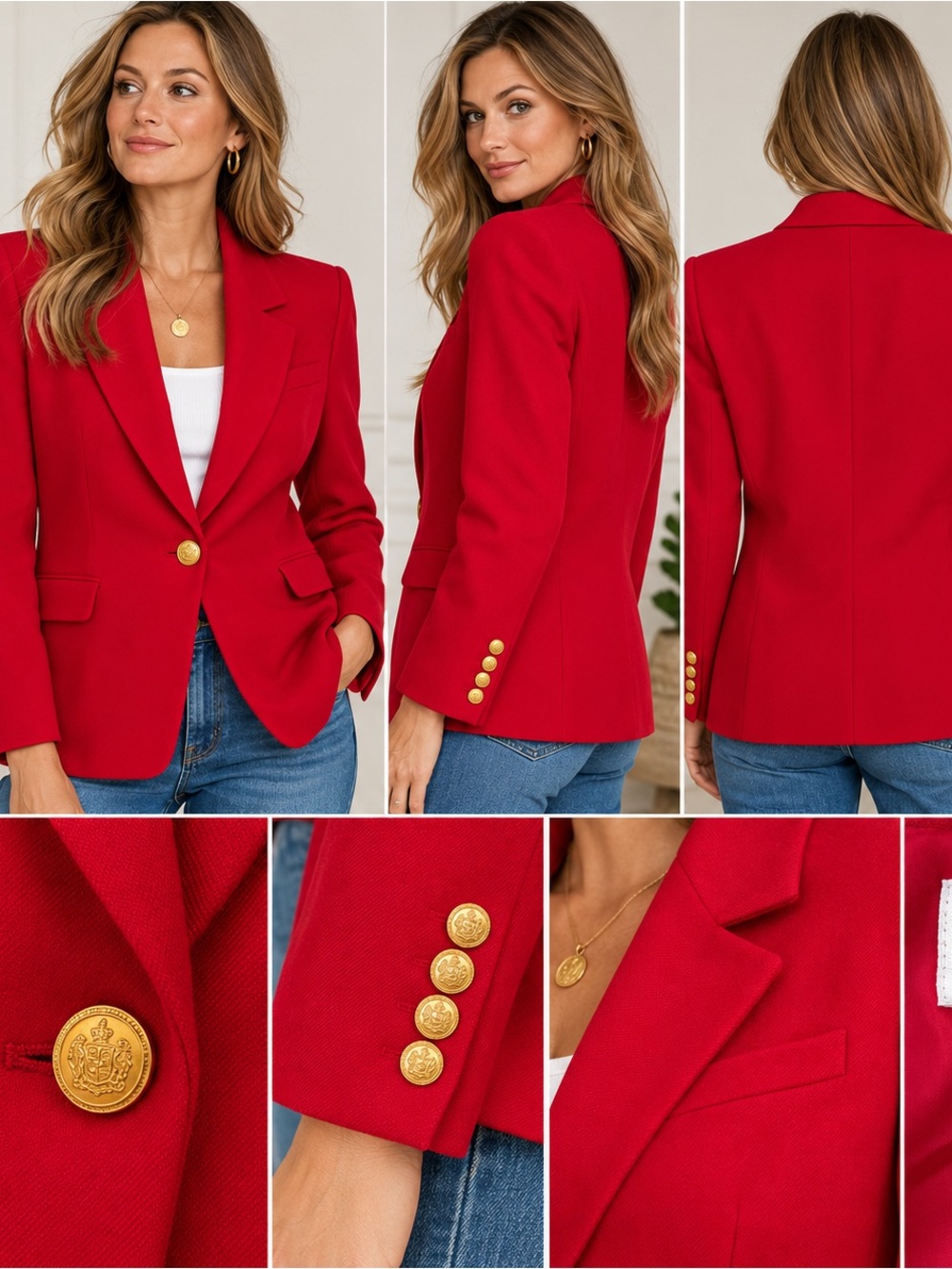 Vintage Talbots Petites Red 100% Wool Blazer Gold Crest Buttons 12P Preppy